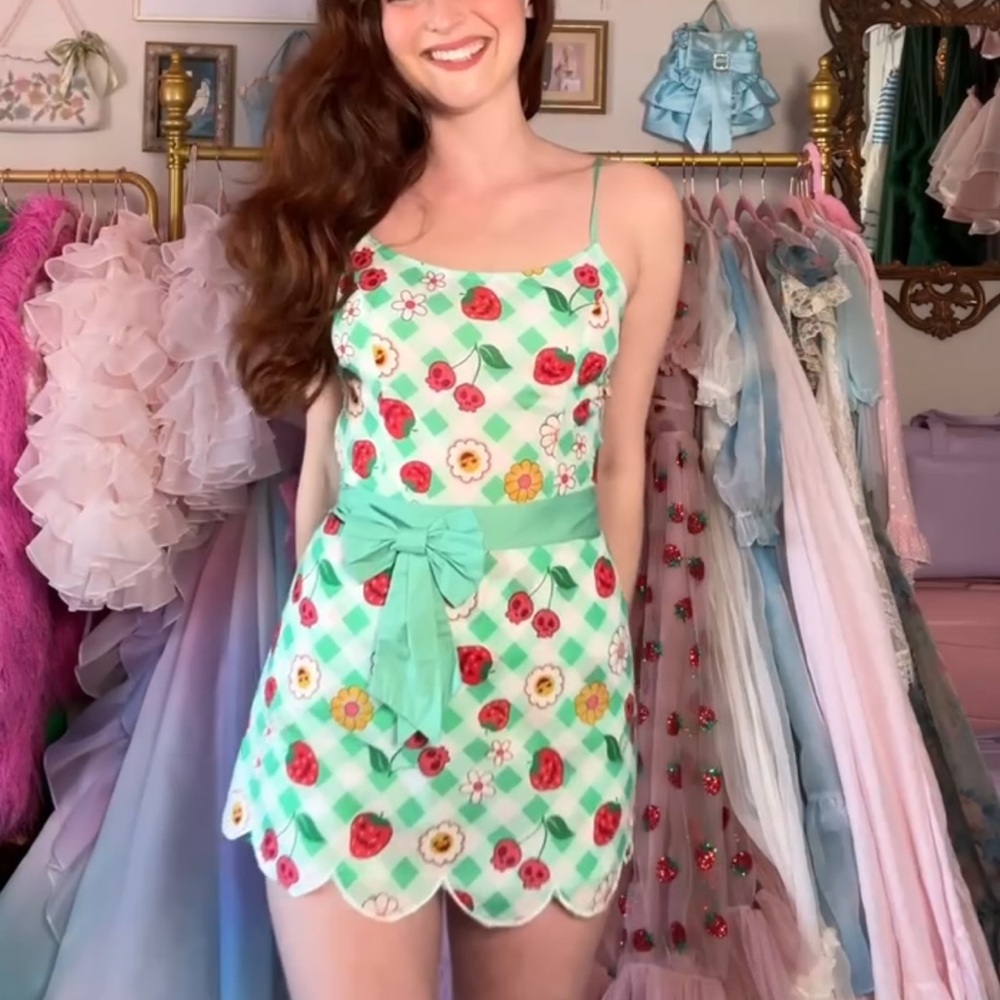 Unique Vintage Green Gingham “Spooky Fruit” romper with detachable skirt apron
